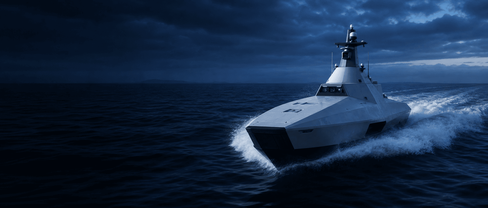Advanced autonomous surface vessel operating at speed across a dark open sea