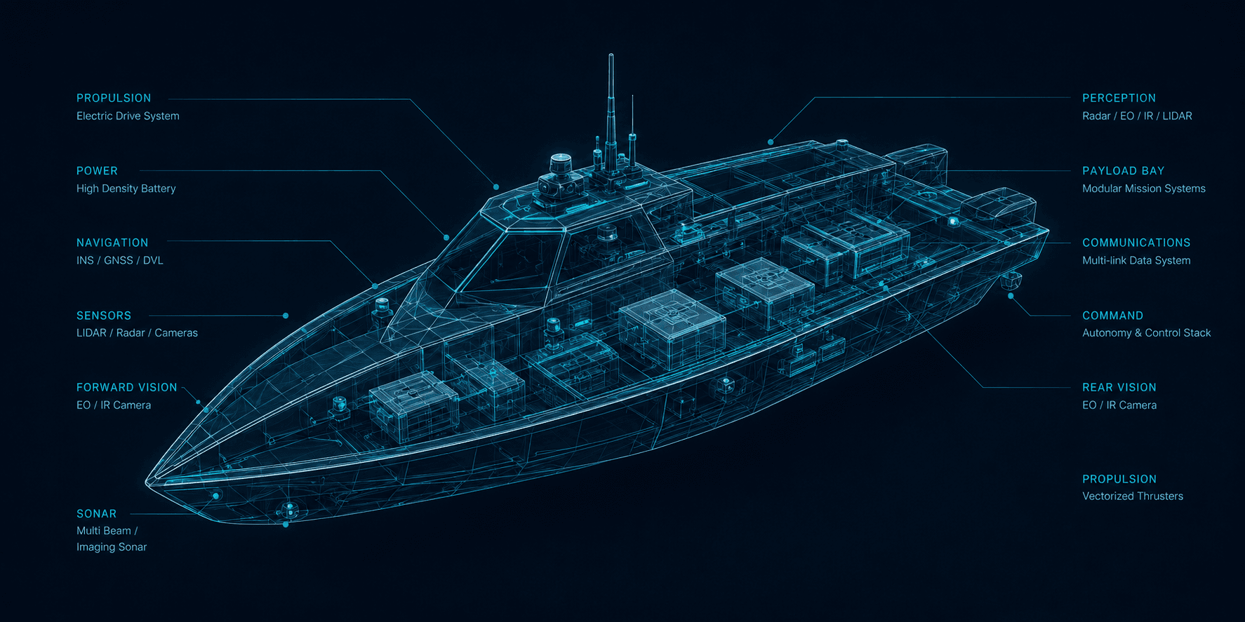 Crown vessel blueprint identifying propulsion, navigation, sensors, perception, payload, communications and command systems